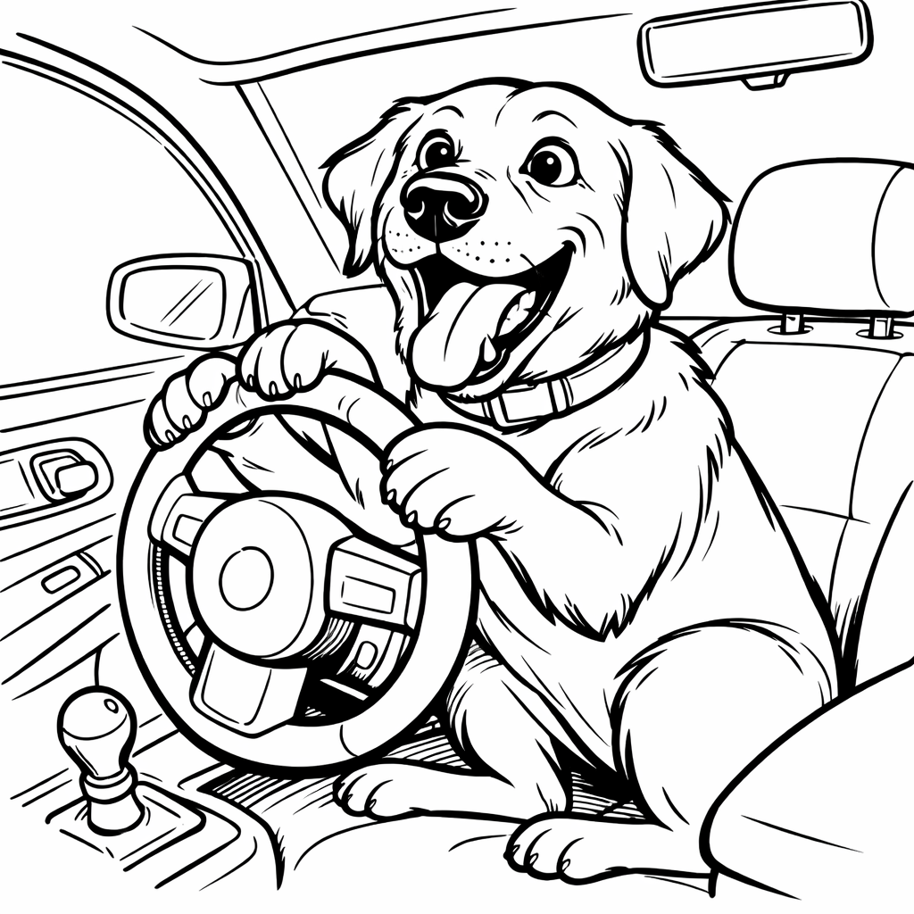 line drawing of an excited labrador trying to drive-1