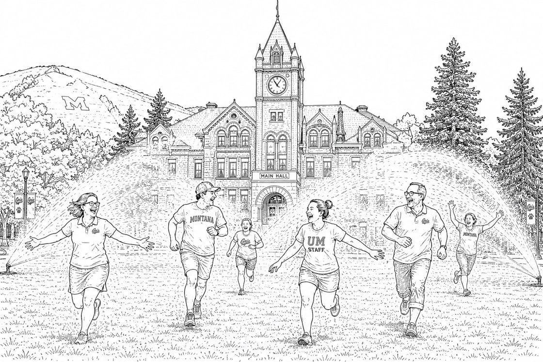 A black and white illustration of UM staff running through sprinklers on the oval, with the Main Hall, trees, and the M in the background.