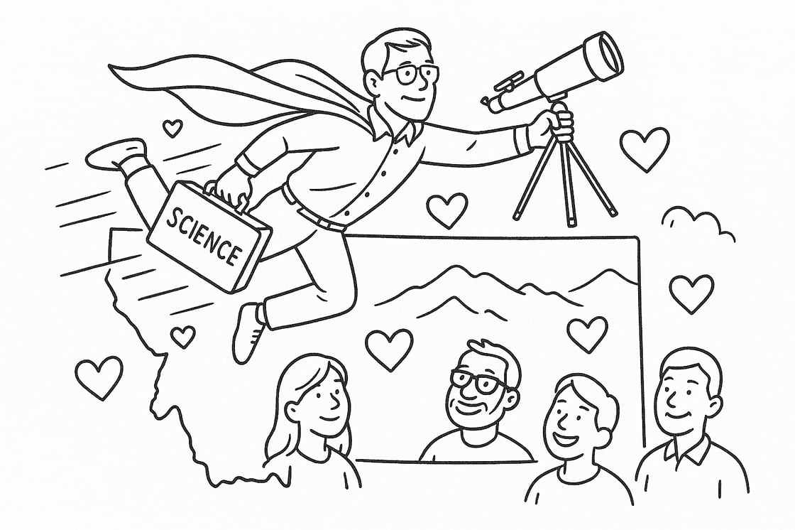 line drawing of Nick Wethington flying above Montana with a telescope