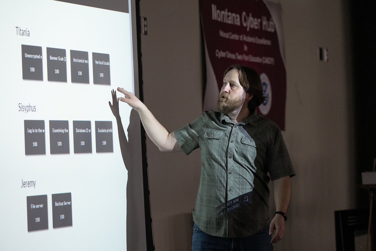 A presenter standing and outlining the next Cyber challenge.