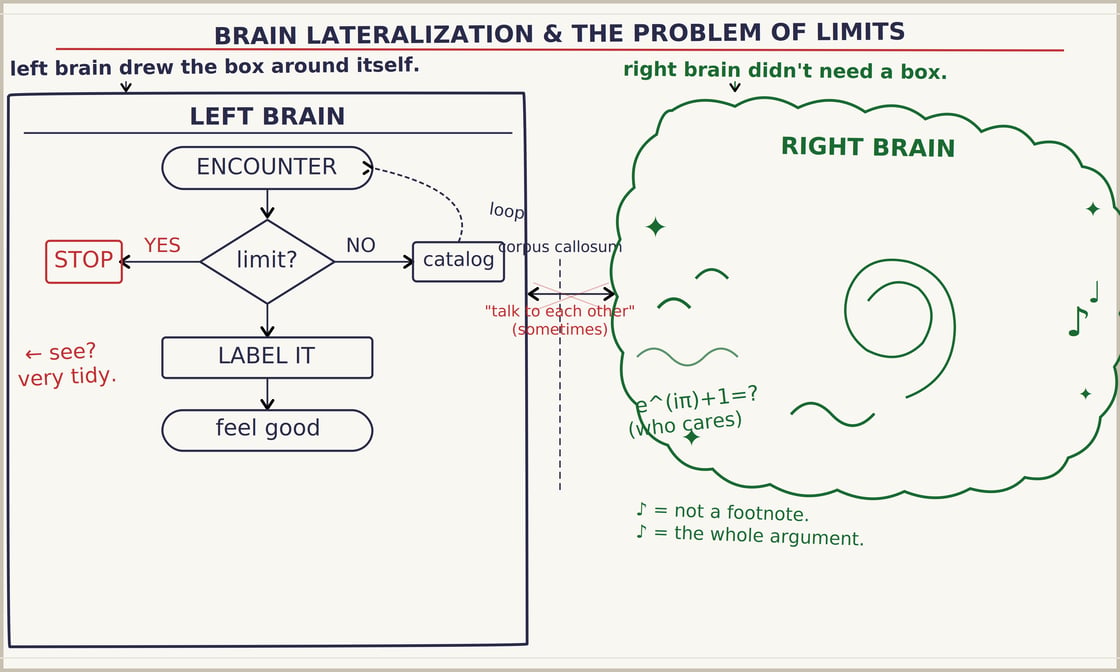 A chaotic, rough diagram sketch of how the brain functions, with the left side being organized, and the right side being all over the place. 